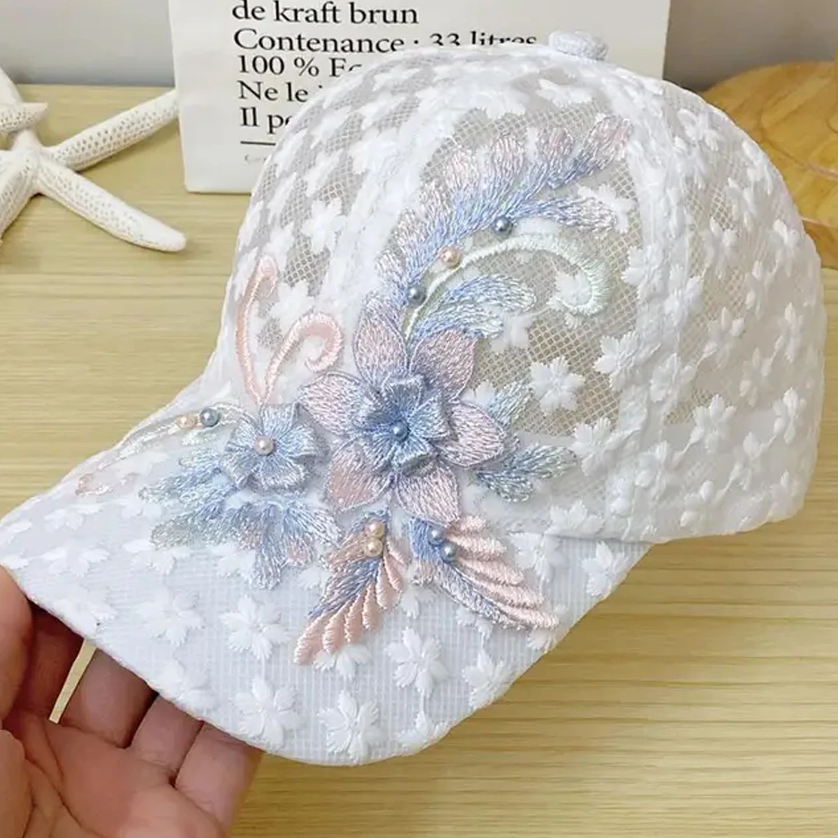 Unisex-Baseballkappen mit Spitzenblumen-Stickerei, atmungsaktiv, verstellbar, lässige Hüte, Frühling und Sommer, Sonnenschutzhut für den Außenbereich – Detail 1