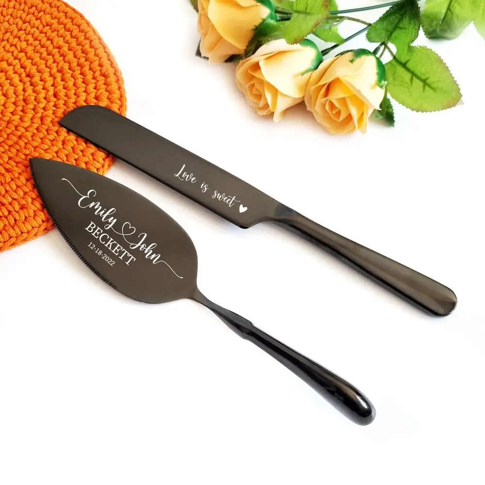 Personalized Wedding Cake and Knife Server Set With Forks Wedding Cake Decorattion Custom Monogram Laser Name Multiple Colors