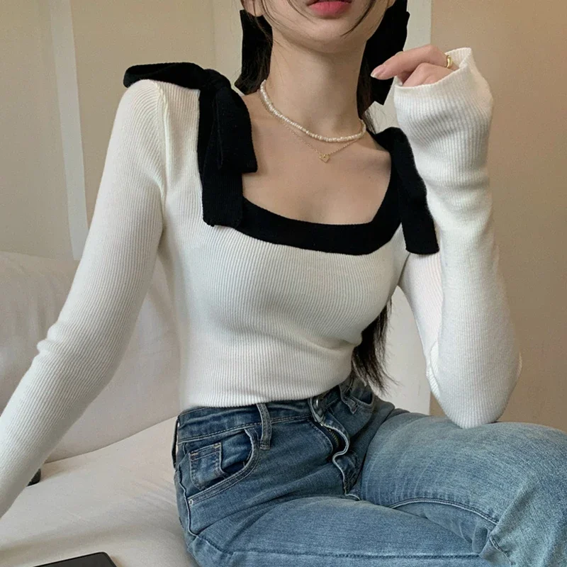 

Женский укороченный топ с бантом, повседневный однотонный пуловер с квадратным вырезом, весна 2019