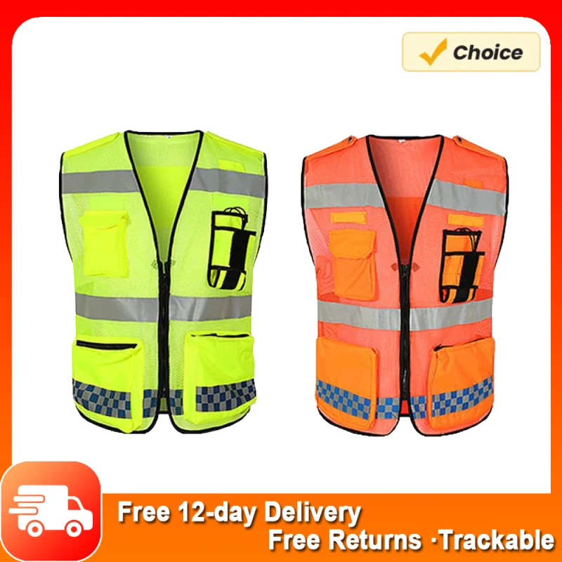 Reflective Safety Vest Pockets and Zipper High Visibility Construction Vest Breathable Work Men Reflective