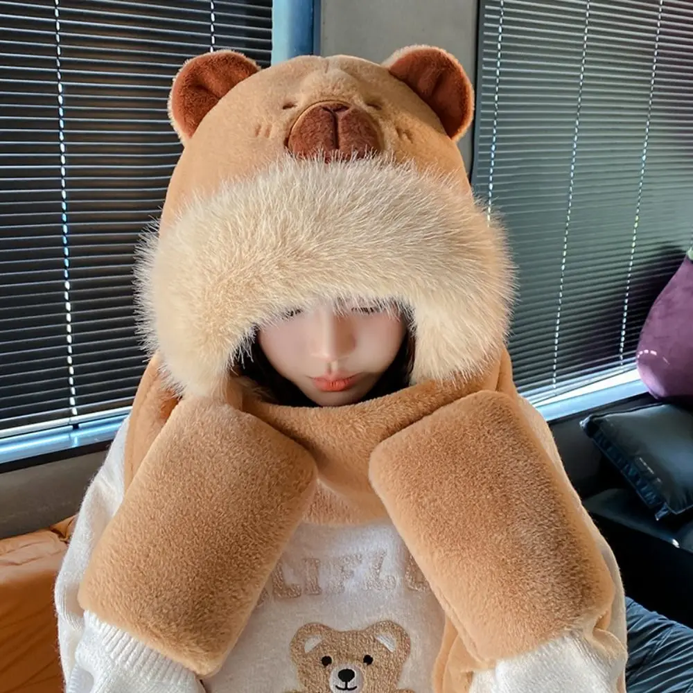 Trendy 3 in 1 Capybara Hat Scarf Set Cartoon Panda Scarf Hat Glove for Women Soft Ear Protection Furry Scarf Cap Set Girls 3
