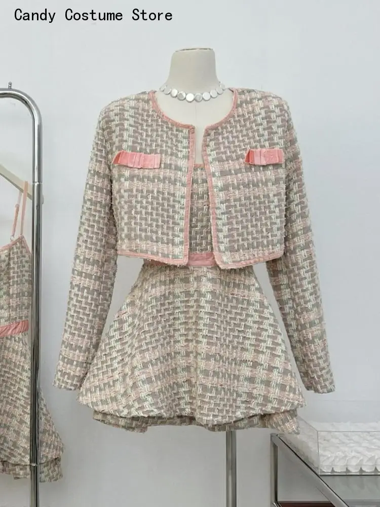 Women Short Jacket Coat High Quality Small Fragrance Tweed Two Piece Set Sexy Dress Set Korean Fashion Sweet 2 Piece Suits