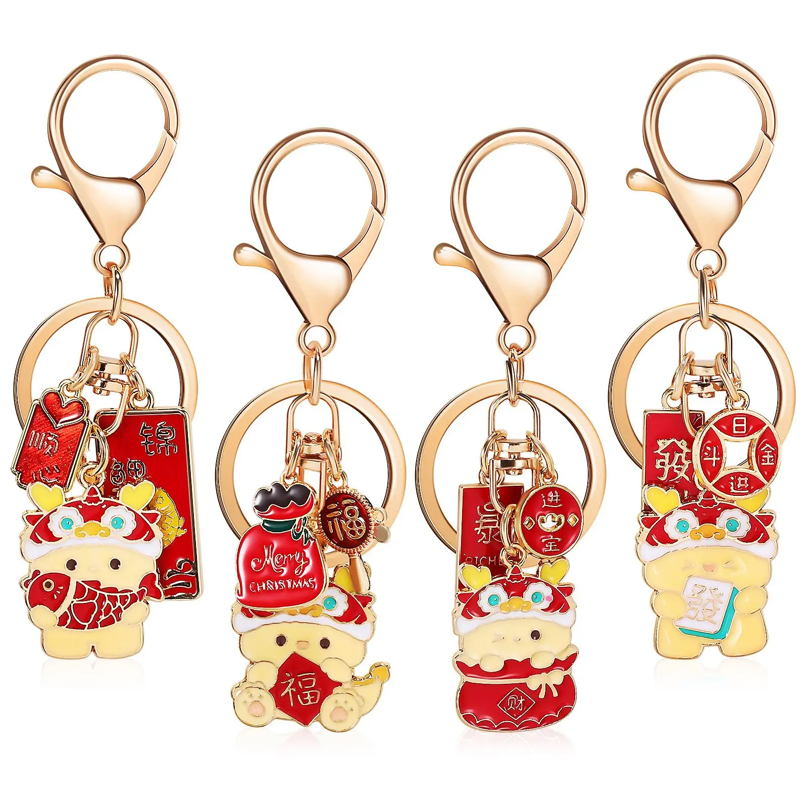 

4Pcs Dragon Keychains Cute Metal Chinese Dragon Keyring Key Pendant Gift New Year Keychians New Year Party Accessories