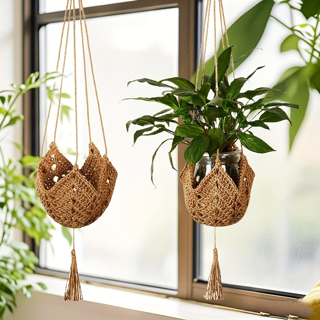 Rustic Boho Jute Macrame Hanging Planter | Versatile Indoor/Outdoor Flower Basket