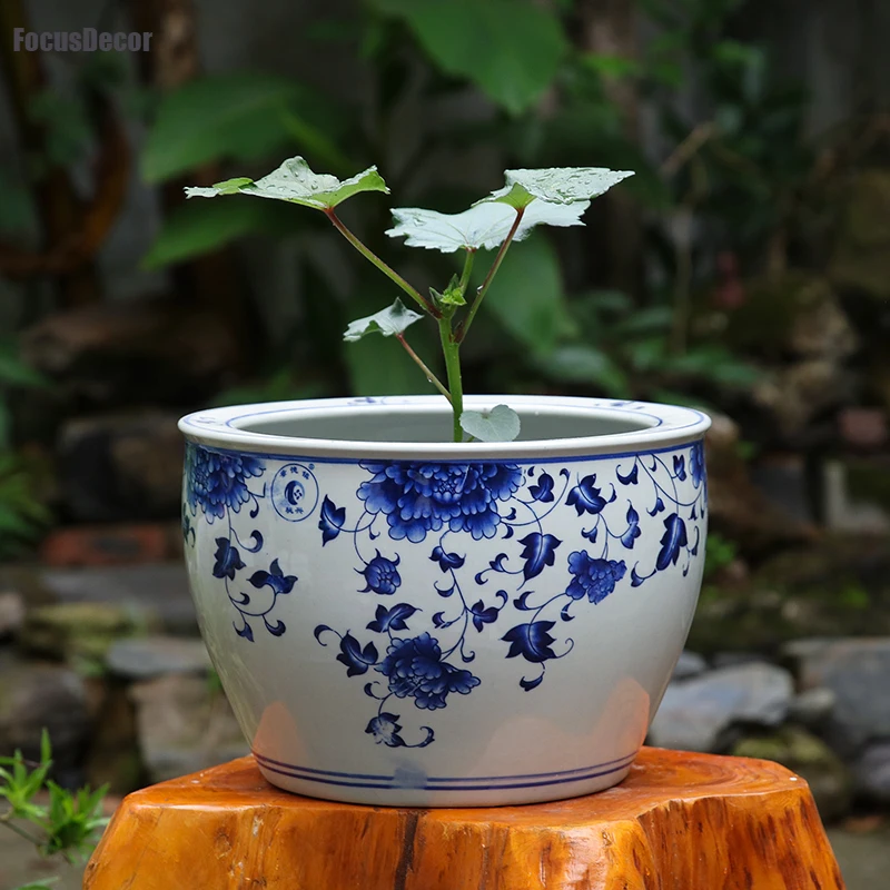 Blue & White Ceramic Planter, Large