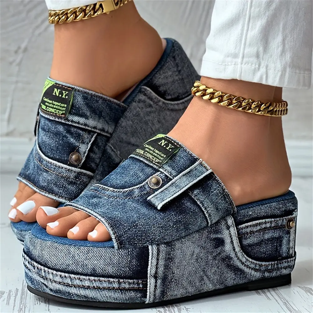Women's Denim Platform Sandals Casual Wedges Heeled Summer Slides_voghion.com