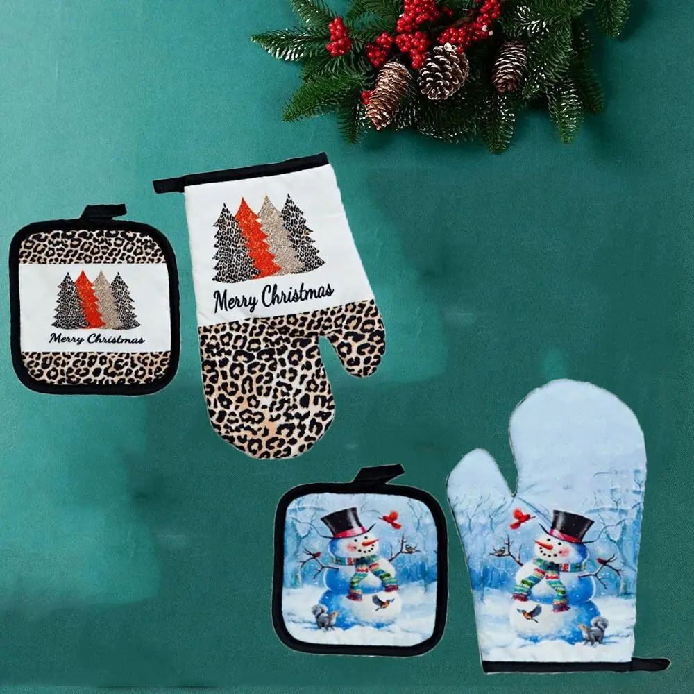 2pc/set Anti-Heat Christmas Microwave Glove Potholder Thickening Printing Christmas Oven Mitts Insulation Insulation Pad Baking silicone oven mitts kitchen gloves silicone oven gloves cotton pot holders