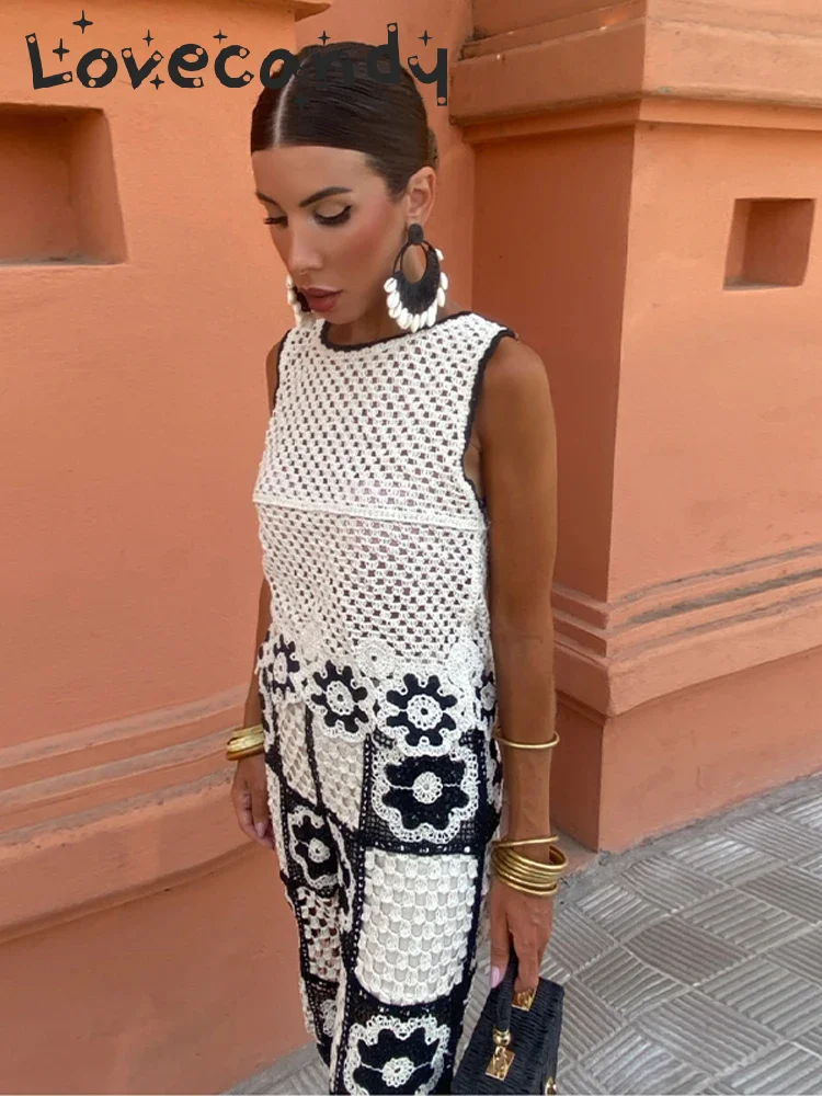 

Женский комплект из жилета и брюк, элегантный комплект с контрастным цветочным рисунком, Элегантный жилет без рукавов с круглым вырезом, одежда для отпуска в уличном стиле