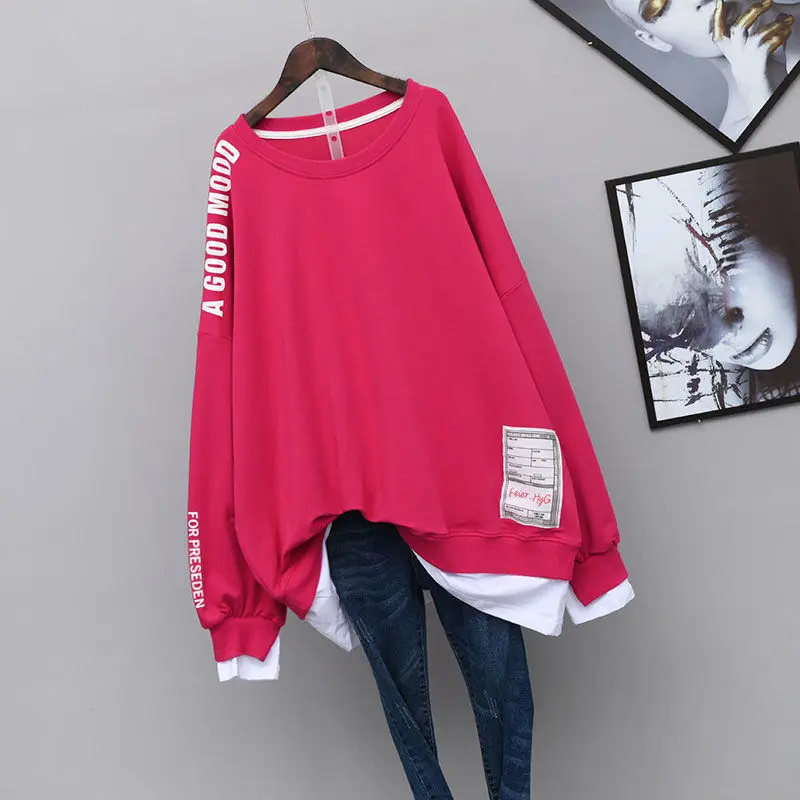 Spring and Autumn Women's Pullover Round Neck Letter Splice Fake Two Pieces Medium Length Loose Fashion Casual Long Sleeve Top