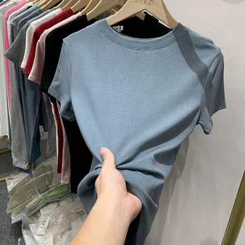 تي شيرت نسائي صيفي بأكمام قصيرة موديل 2025 Y2k بلوفرات غير رسمية بقصة ضيقة تي شيرت سادة برقبة دائرية تي شيرت نسائي أساسي جديد