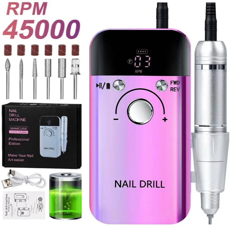 Electric Nail Drill 45000RPM Rechargeable Professional For Gel Nails Polish Portable File Manicure Tool For Electric Nail Drill Electric Nail Grinder