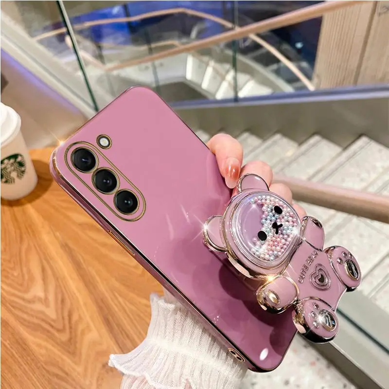 Coque de téléphone plaquée avec support d'ours mouvant, étui mignon pour Samsung Galaxy S23 S21 S20 S22 S10 Note 10 20 23 Plus Ultra S21Fe_voghion.com