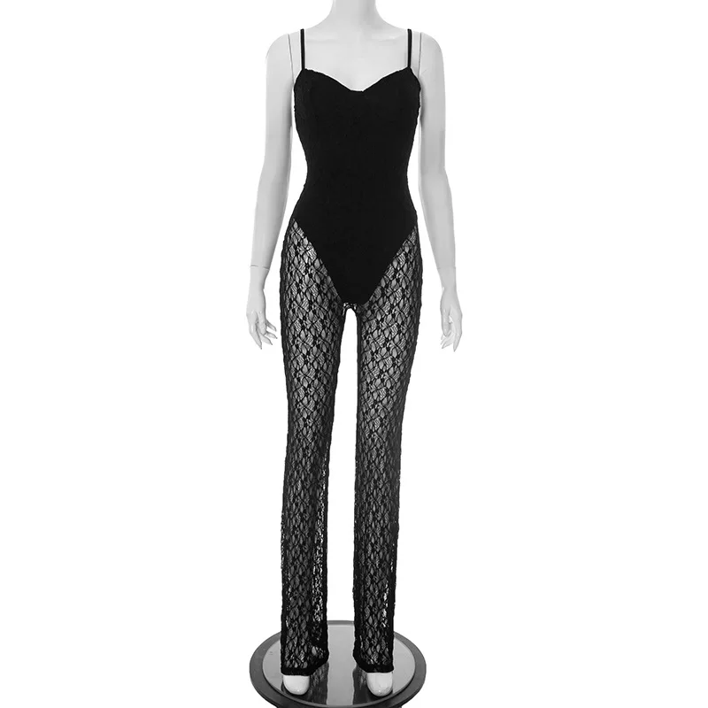 Summer Fashion Street Style Sexy Blackless Lace Suspender Mesh Long Pants Jumpsuit New Slimming Straight Women Thin Jumpsuit