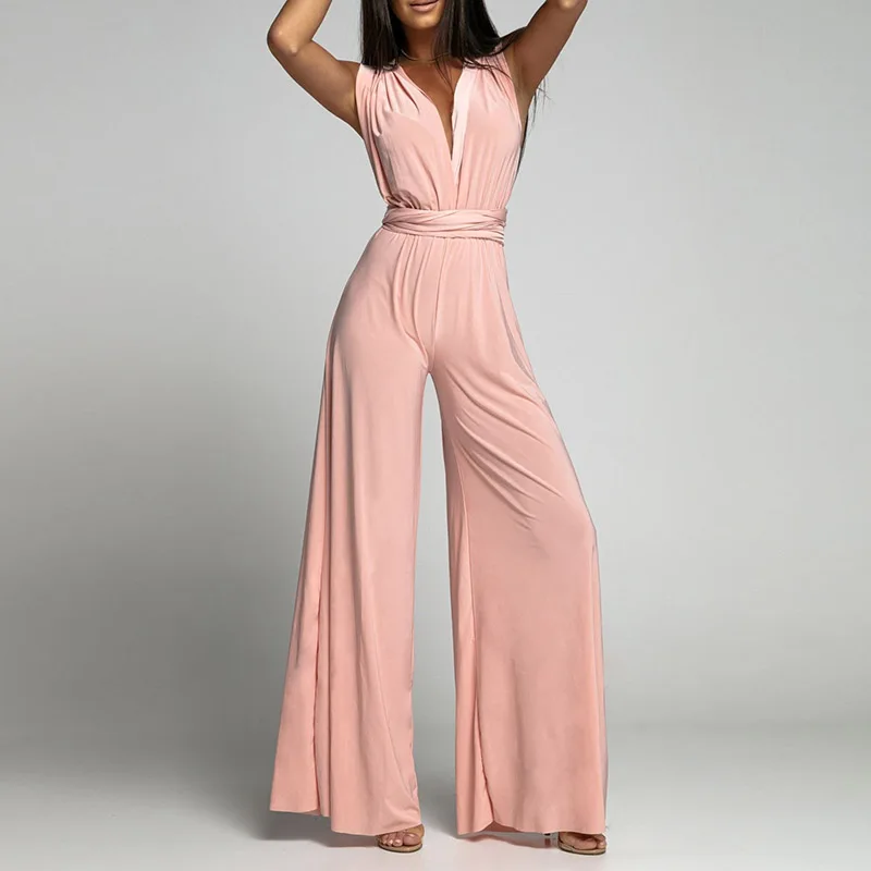 

Sexy Crossover Backless Solid Long Jumpsuit Women Elegant V-neck Sleeveless Playsuit Office Fashion Waist Tie-up Wide Leg Romper
