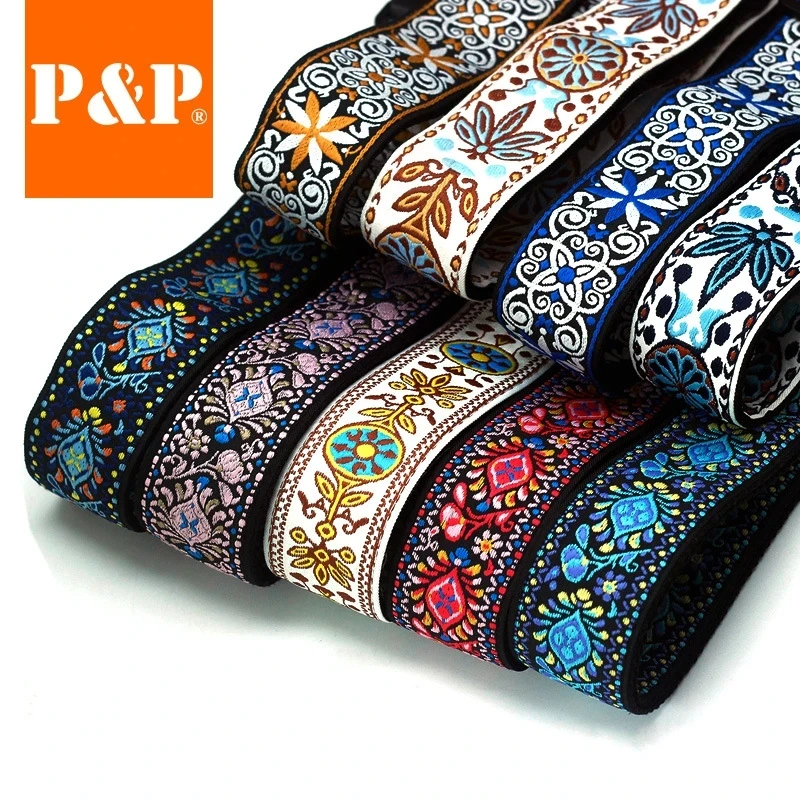 Guitar Strap Embroidered Belt Adjustable Jacquard Band Cotton Leather End For Bass Acoustic Electric Guitar Ukulele Instruments