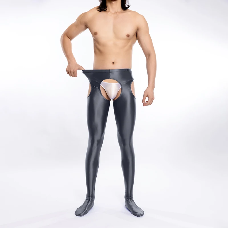 New Silky Smooth Men Leggings Sexy Oil Glossy Open Crotch Slim Fit Thighs Pants Underwear Solid Color Comfort Underwear Clothes