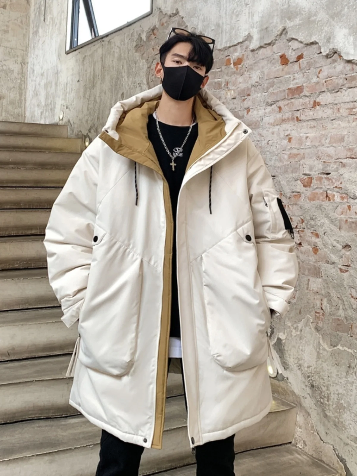 Jacket Mid-Length down Jacket Men's Thickened Warm Winter Cold-Proof Hooded Jacket BlackWhite Loose Casual Fashion All-Match 1Pc