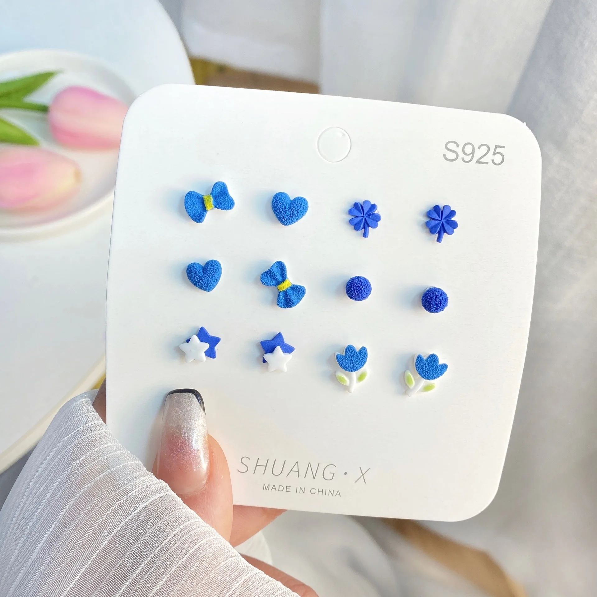 

KouCh серьги 6pairs Wholesale Korean Fashion Small Ceramic Studs For Woman Girls Pink Blue Earrings Cute Peachs Flower Piercing