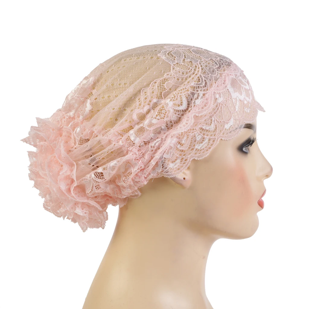 Muslim Lace Hats Full Cover Underscarf Pull On Islamic Scarf Flower On Back Turban Hijab Inner Bonnet H311