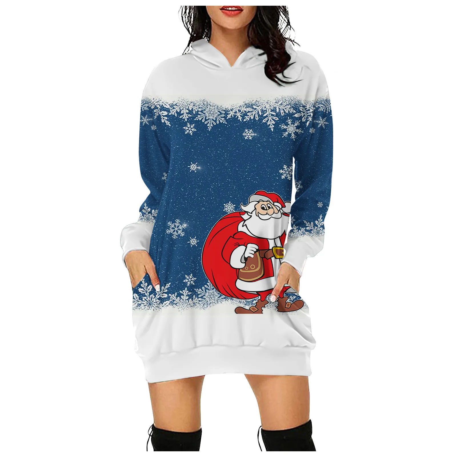 

Women's Hooded Pullovers Christmas Print Long Hoodies Dresses Winter Casual Pocket Long Sleeve Hoodie Female Xmas Dresses