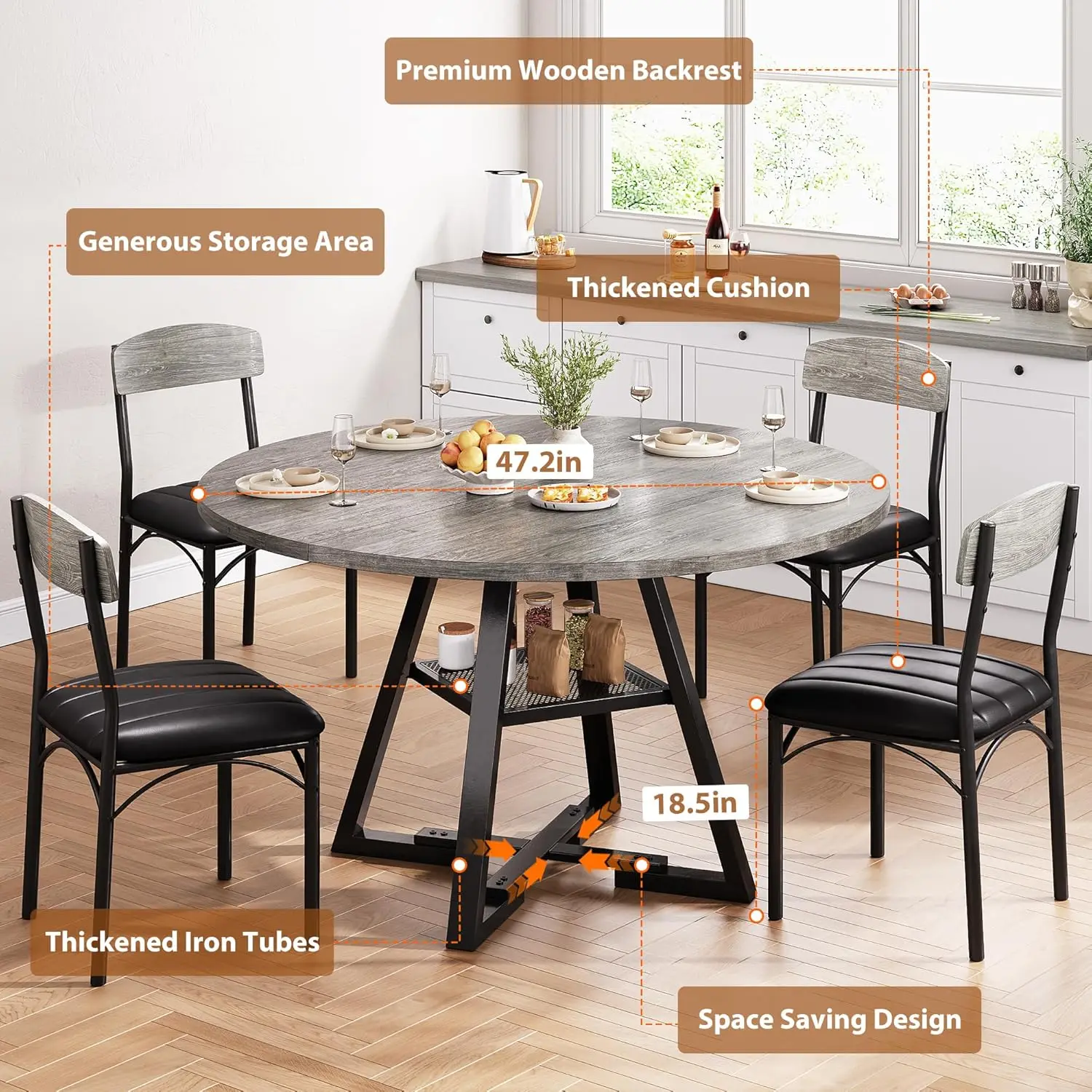 new-Kitchen Table and Chairs for 4, Circle Table Round Pedestal Dining Room Dinner Dinette Table Set,5 Piece Space Saving