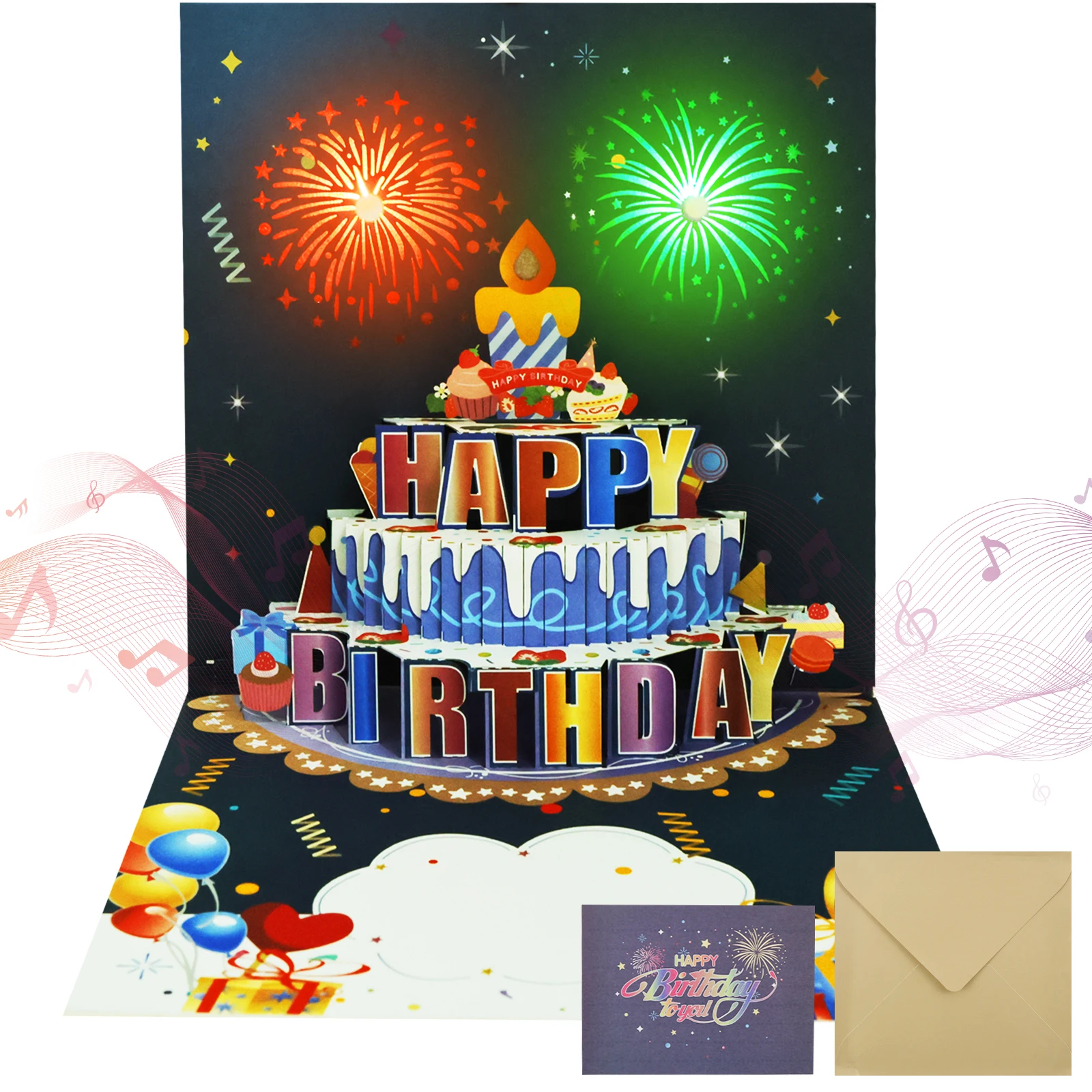 3D Light Music Birthday Card Pop Up Happy Birthday Card Fireworks Greeting Cards Happy Party Gift Message