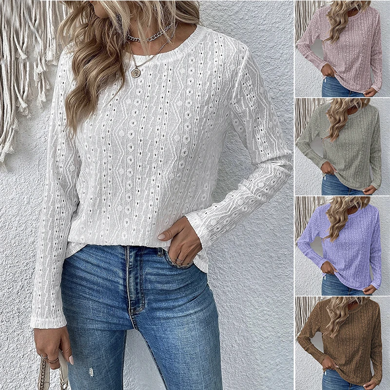 

Женская Кружевная футболка оверсайз, повседневный Свободный пуловер с круглым вырезом, Осень-зима 2023