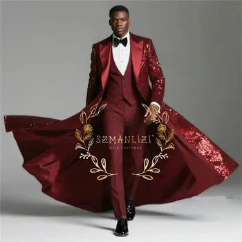 Borgogna lucido paillettes abiti da uomo 3 pezzi set monopetto sposo giacca lunga costume homme smoking da sposa abbigliamento maschile