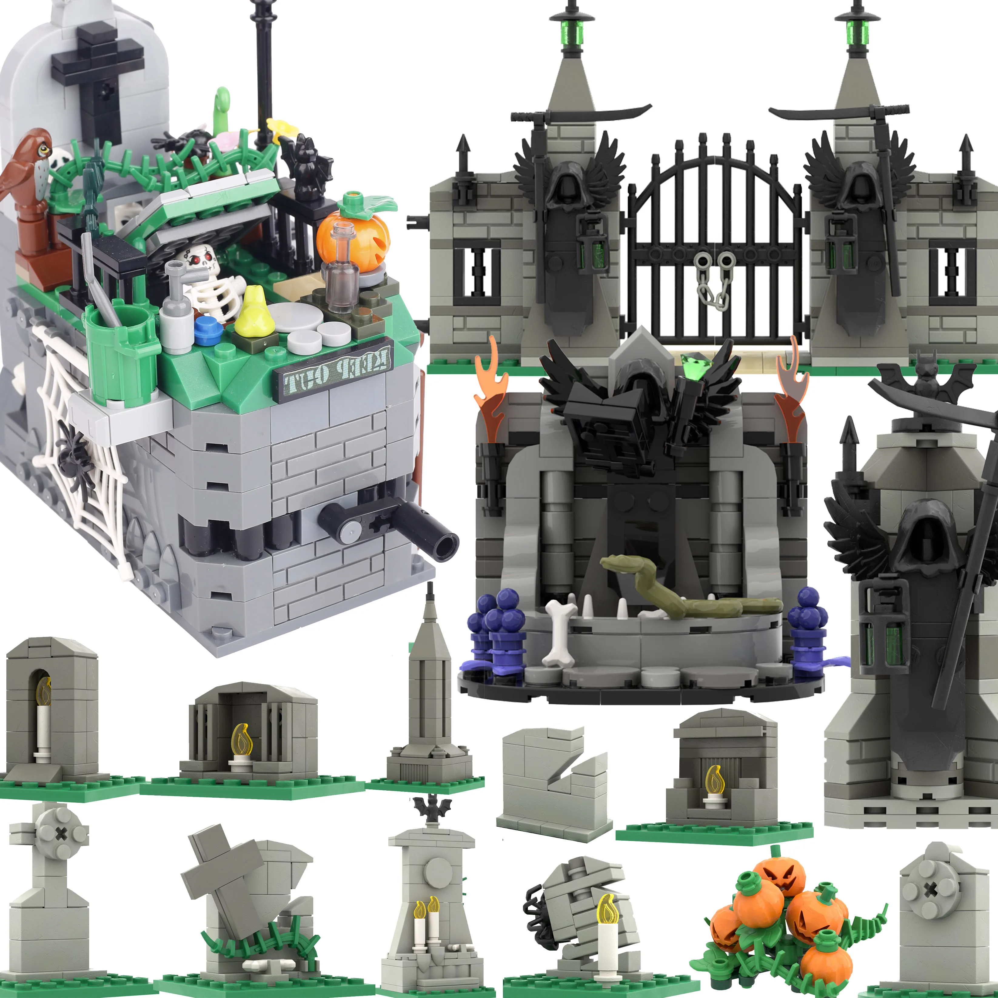 

MOC Halloween Black Ghost Altar Fountain Model Building Blocks Kit Cemetery Pumpkin Bricks Assemble Toys Children Gift