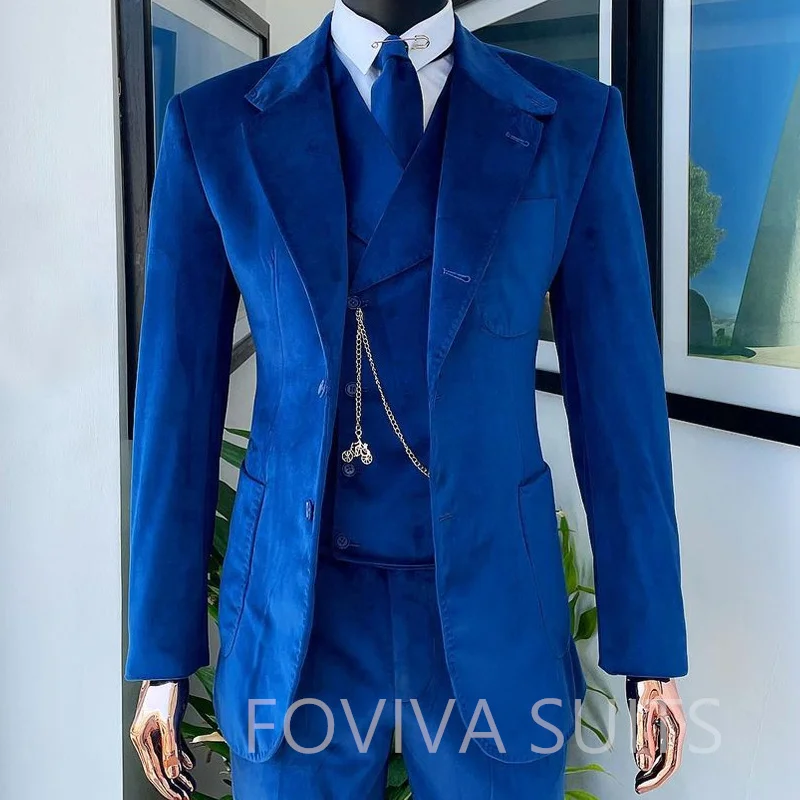 Royal Blue Velvet Suits for Men 3 Piece Wedding Grooms Tuxedo Notched