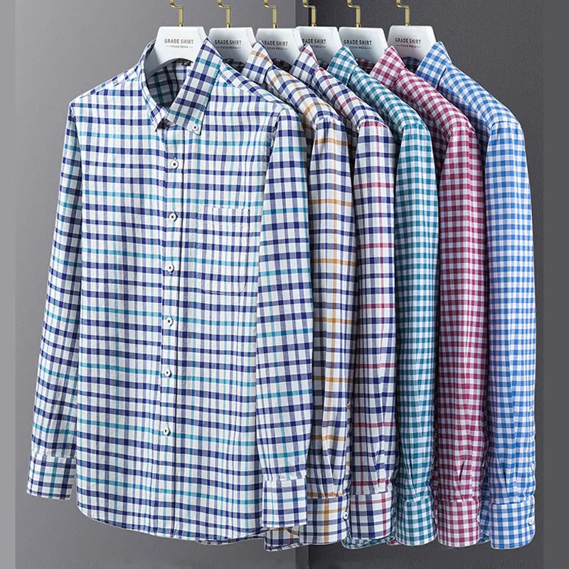 

6XL 7XL large size men's spring and autumn 100% cotton long-sleeved shirt solid color striped plaid casual non-iron social