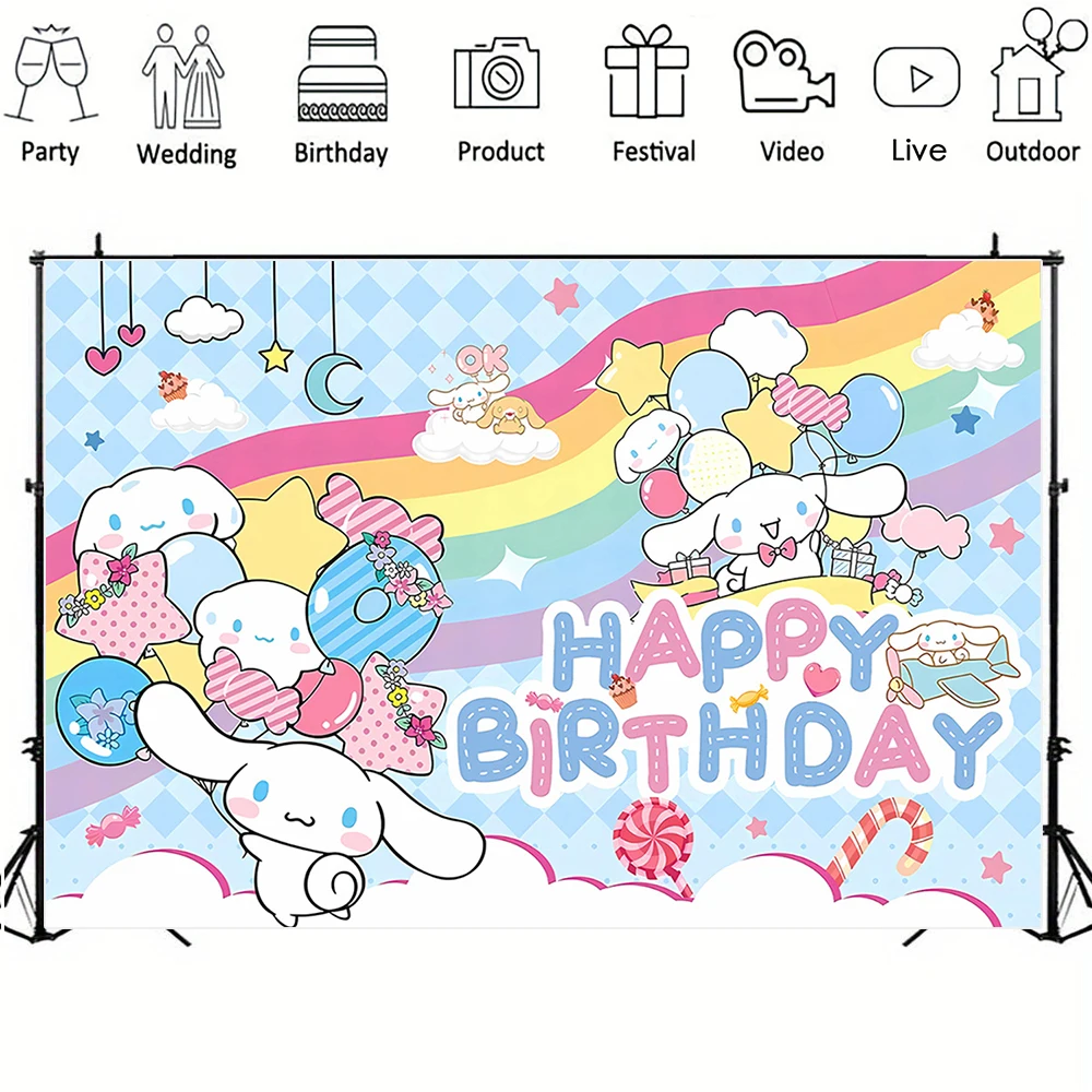 Sanrio Backdrops Banner Rainbow Balloons Cartoon Cinnamoroll Children's Happy Birthday Party Decor Photo Background Booth Props birthday backdrop party backdrop curtain party decoration photo booth props photography props party supplies