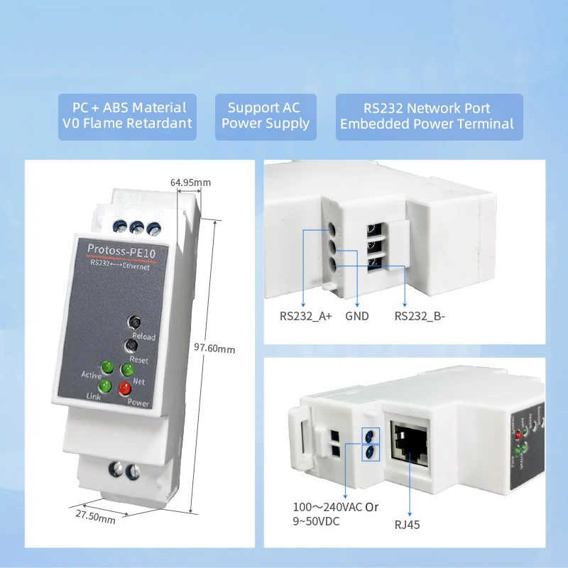 DIN 레일형 직렬 포트 RS232-이더넷 변환기 IOT 장치 서버 Protoss-PE10 지원 Modbus MQTT