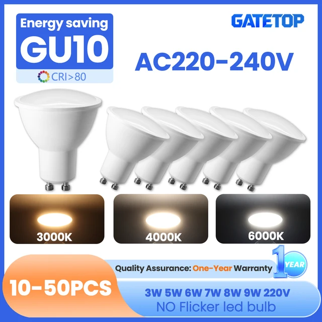 หลอดไฟ LED สปอตไลท์ GU10 10-50 ชิ้น 3W 5W 6W 7W 8W 9W AC220-240V แสงเดย์ไลท์ ใช้แทนหลอดฮาโลเจน 50W เหมาะสำหรับโคมไฟระย้า 1