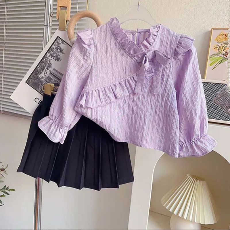 

Girls Ruffled Clothes Suits Long Sleeve Shirt+pleated Skirts Two Pieces Princess Kids Casual Clothing Sets College Dress Outfits