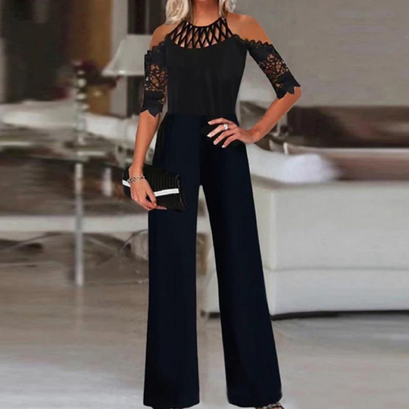 

Sexy Cross Mesh Hollow O Neck Jumpsuit Women Spring Cold Shoulder Embroidery Lace Sleeve Romper Summer Wide Leg Straight Overall