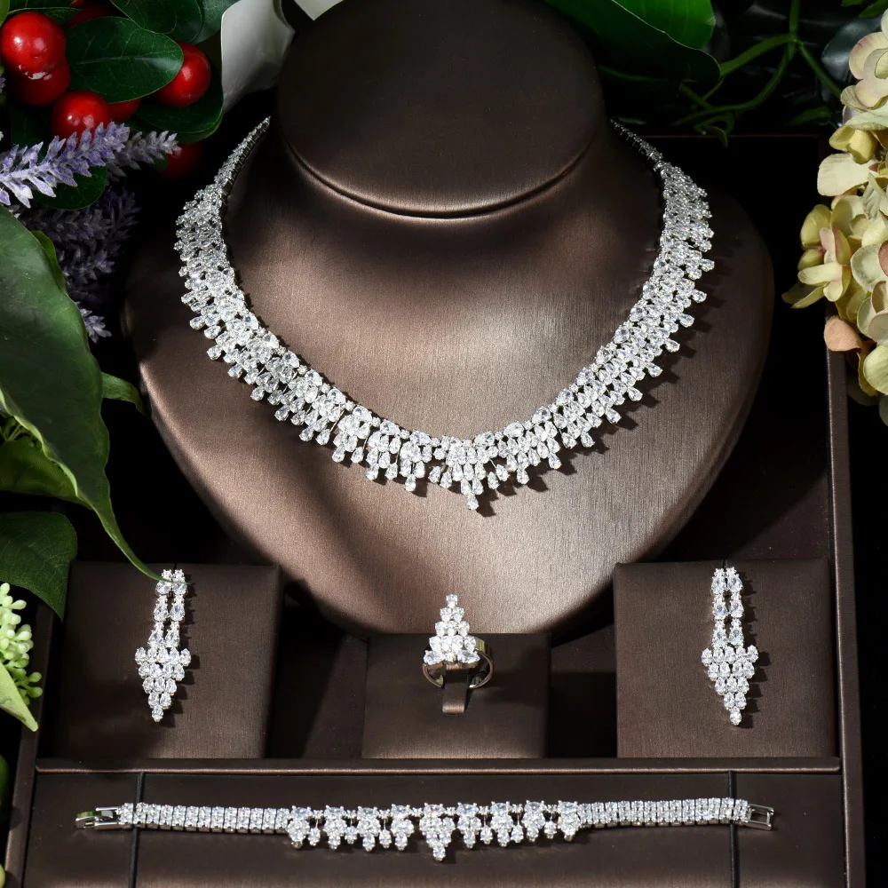 

Fashion Temperament Water Drop 4pcs Jewelry Sets for Women Cubic Zirconia Necklace Set Adjustable Ring Bridal Party Gifts N-287