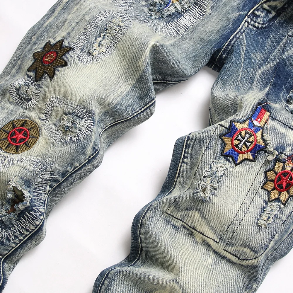 Men Badge Patch Denim Jeans Embroidery Patchwork Ripped Distressed Pants Slim Tapered Stretch Trousers 4