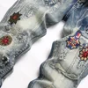 Men Badge Patch Denim Jeans Embroidery Patchwork Ripped Distressed Pants Slim Tapered Stretch Trousers 4