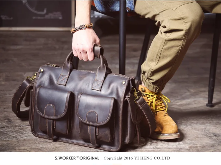 Vintage handgefertigte Herren-Aktentasche aus Crazy-Horse-Rindsleder mit mehreren Taschen, luxuriöse Business-Handtasche aus echtem Leder mit großem Fassungsvermögen für Laptops. – Detail 6