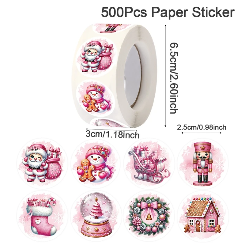 500 Stück Frohe Weihnachten Aufkleber, runde rosa Weihnachtsetiketten, Aufkleber für Geschenke, Backpapier, Umschläge, Schreibwaren, Dekoration – Detail 7