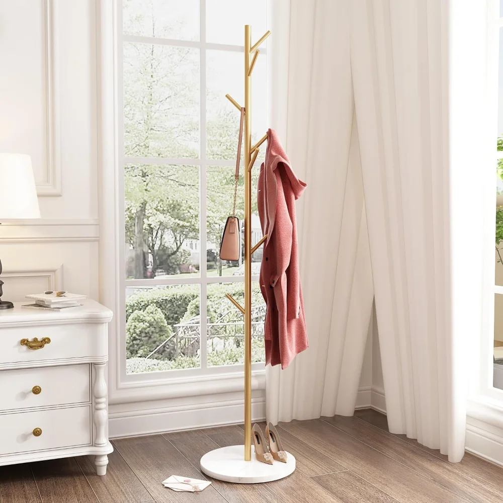 

Metal Coat Rack Freestanding, Gold Coat Rack Stand with 8 Hooks, Sturdy Coat Racks with Marble Base