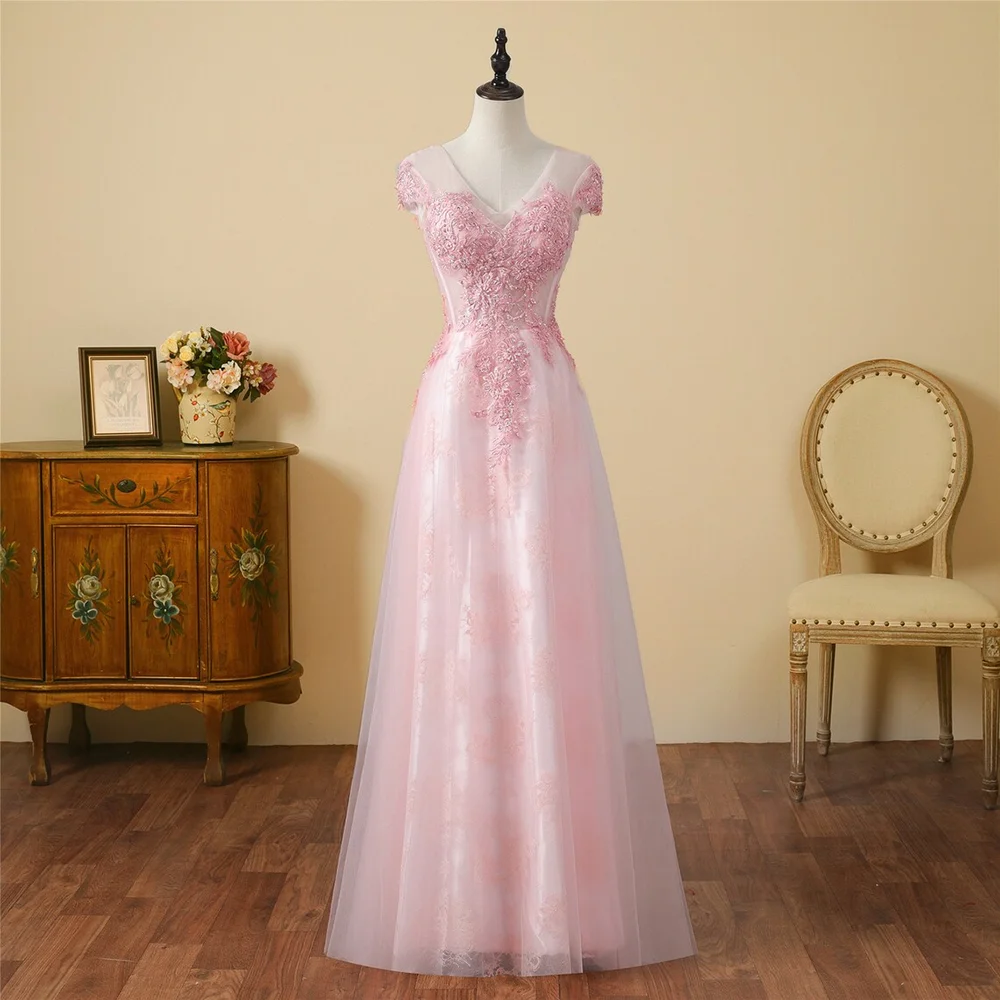 

Pink V-Neck Lace Appliques Prom Dress Gorgeous Photography Graduation Gowns Fashion Floor Length Formal Evening Party Dress