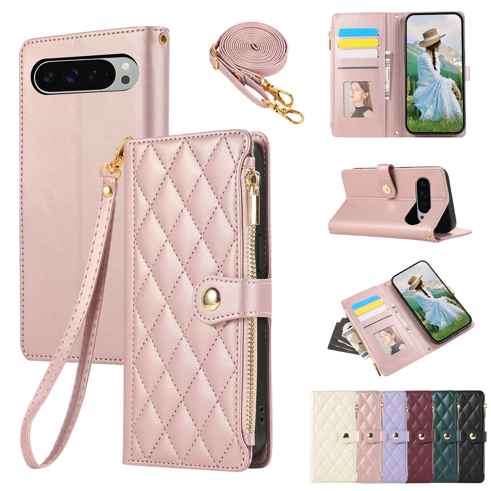 Crossbody Leather Flip Wallet Case with Lanyard, Zipper, and Kickstand