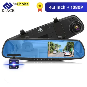 E-ACE Dashcam Car Dvr Specchio da 4,3 pollici FHD 1080P Telecamera opzionale Doppia lente DVR Specchietto retrovisore Dash Camera Videoregistratore Auto
