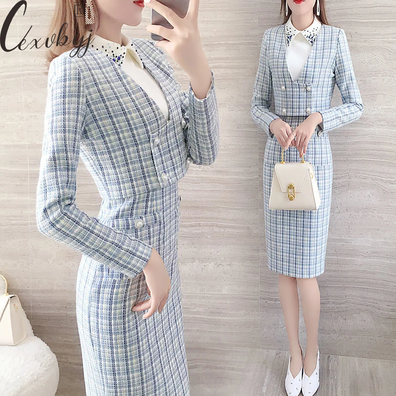 Women Elegant Plaid Tweed Dress Suit Korean Fashion Cropped Jacket And Sleevelesss Tank Dress Two Peice Set Lady Office Outfits