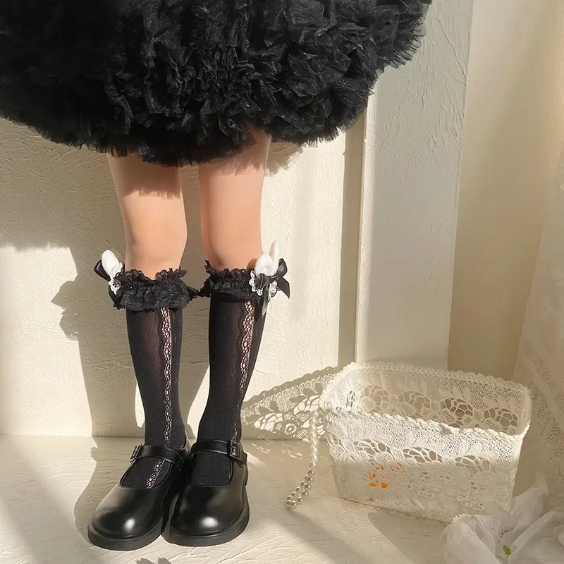 Summer Kids Girls Calf Socks Korean Fashion Lace Lolita Bow Rabbit Knee High Long Stockings for Baby Mesh Thin Decorative Sock