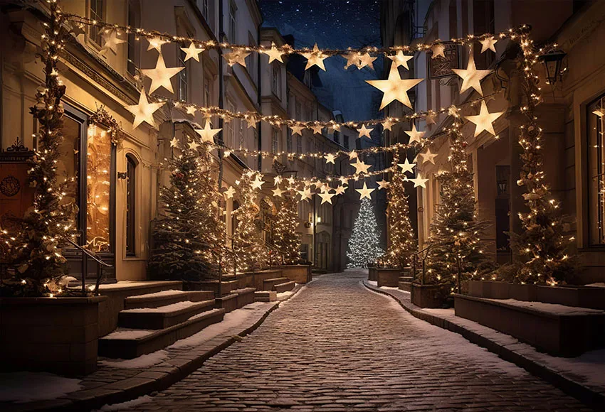 Mehofond-natal City Street Backdrop Neve do Inverno Golden Star Lights Retrato da Casa ao ar Livre Foto de Fundo para Crianças - Image 3