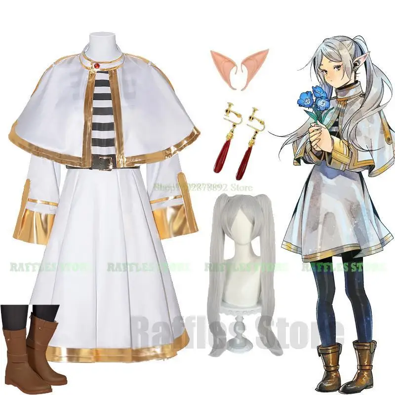 

New Anim Frieren At The Funeral Frieren Anime Cosplay Costume Wig Halloween Christmas Fancy Witch White Suit Elf-ear Women Suit