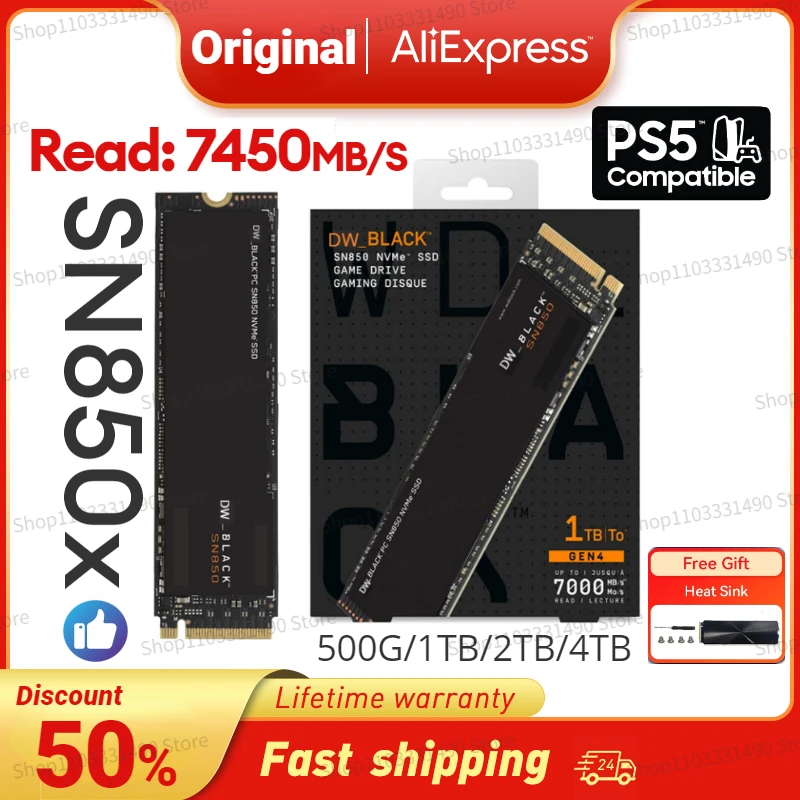 

Hot 4TB BLACK SN850X 1TB 2TB NVMe Internal Gaming SSD Solid State Drive with Heatsink Works for Playstation 5 Gen4 PCIe M.2 2280